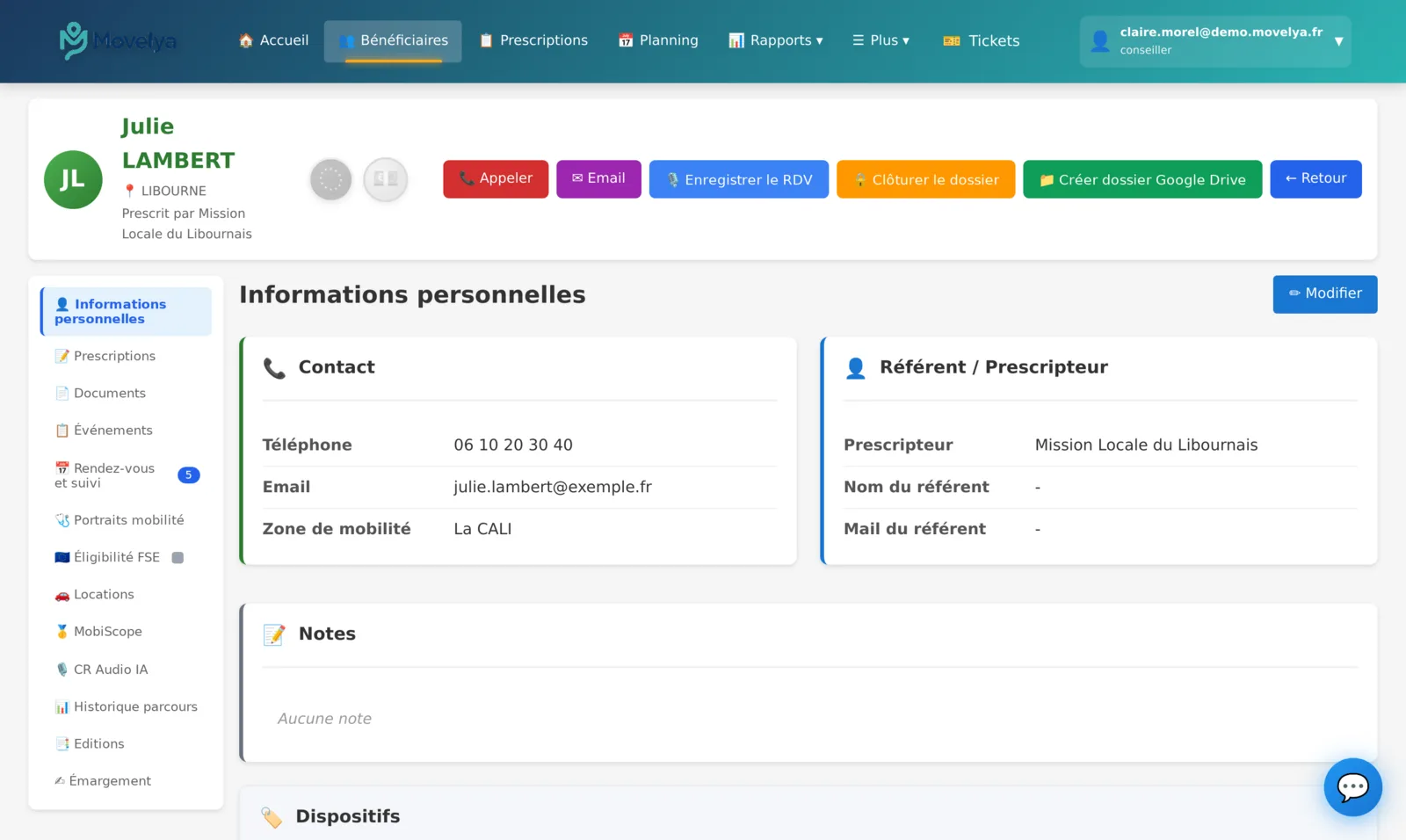 Fiche bénéficiaire Movelya : contact, prescripteur, onglets prescriptions, documents, RDV, éligibilité FSE, MobiScope
