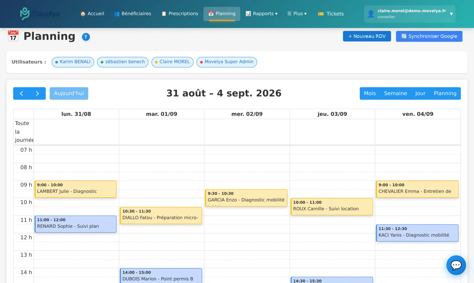 Planning hebdomadaire Movelya avec rendez-vous par conseiller et synchronisation Google
